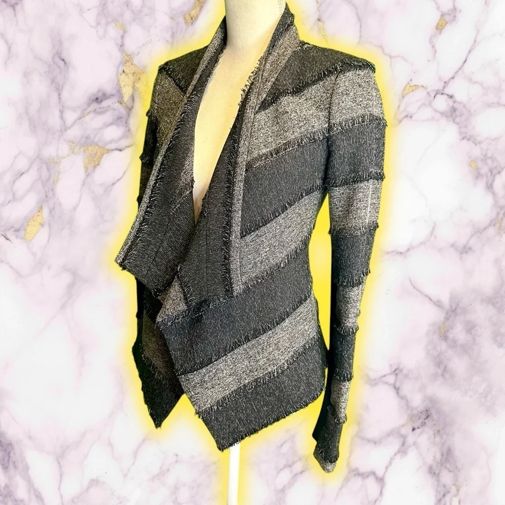NWOT BCBGMaxAzria ‘Aubree’ Tweed Draped Front Jacket in Black & Gray Stripe XXS